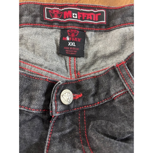 MOFFATT Mens Black Washed Denim Jeans Red Stitching Leather Pocket Detail - Picture 4 of 4